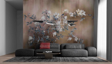 Фотообои 3Д цветение фреска в интерьере гостиной