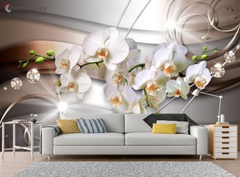 3д фотообои белая орхидея в интерьере гостиной