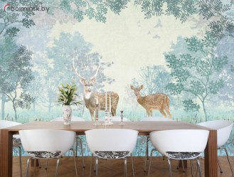 Фотообои фреска пятнистые олени в интерьере кухни-столовой