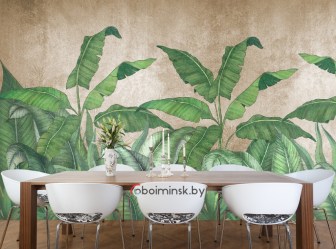 Фотообои тропические листья в интерьере кухни столовой