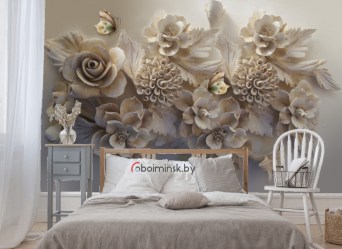 3Д фотообои цветочная композиция в интерьере спальни