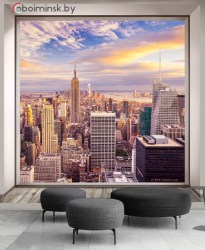 3Д фотообои вид на город из окна в интерьере комнаты