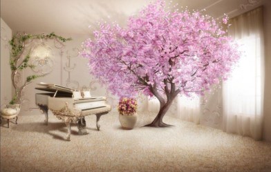 Фотообои комната с розовым деревом.