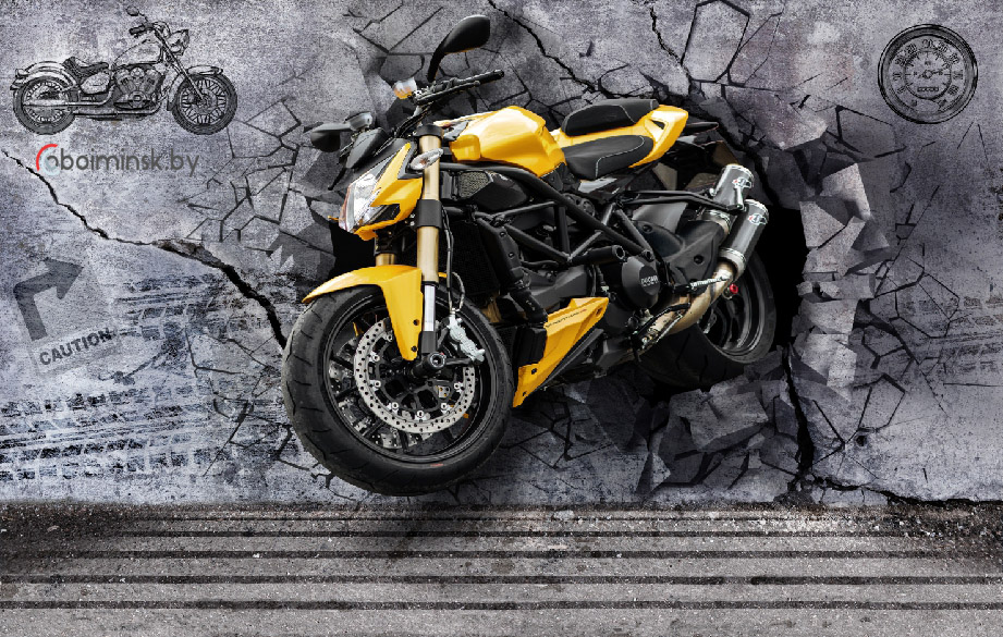 3Д фотообои мотоцикл на каменной стене