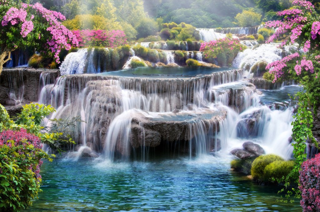 3d Waterfalls and floral background nature wall mural
