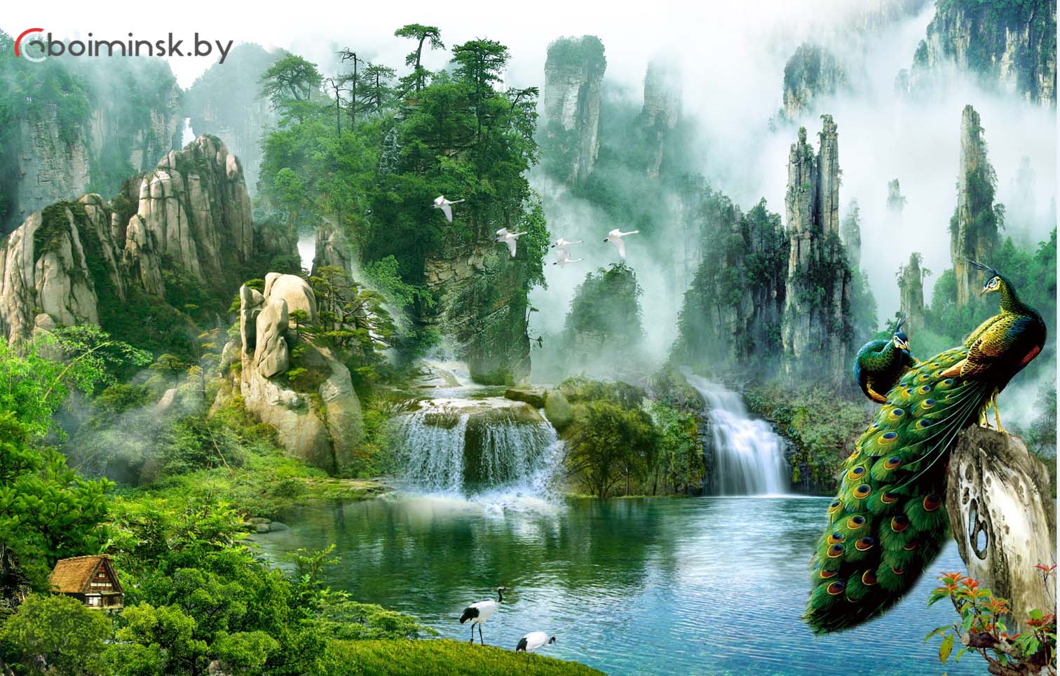 3Д фотообои природа водопад с павлинами