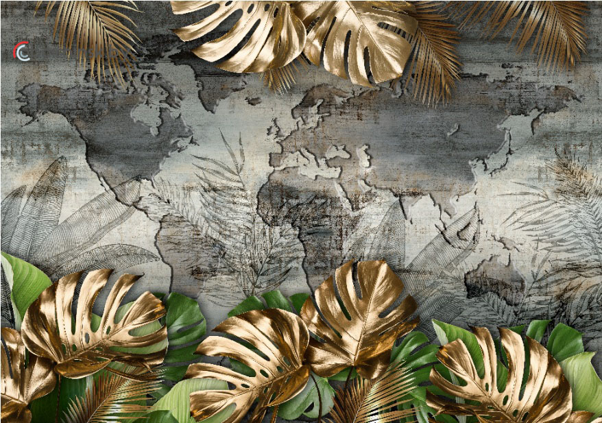 3Д фотообои золотые листья на каменной стене с картой