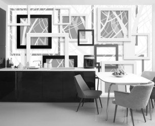 3Д Фотообои чёрно-белые в интерьере кухни