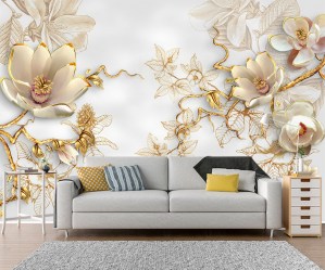 3Д фотообои Золотые лилии в интерьере комнаты