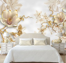 3Д фотообои Золотые лилии в интерьере спальни