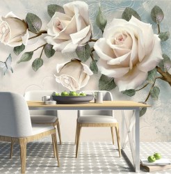 3D фотообои розы в интерьере кухни столовой