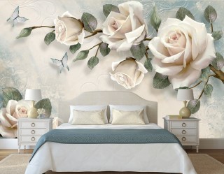 3D фотообои розы в интерьере спальни