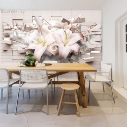 Фотообои De-Art 3Д лилии-6 на кирпичной стене в интерьере кухни