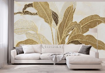 3Д фотообои золотые листья в интерьере квартиры