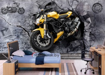 3Д фотообои мотоцикл на каменной стене в интерьере детской комнаты