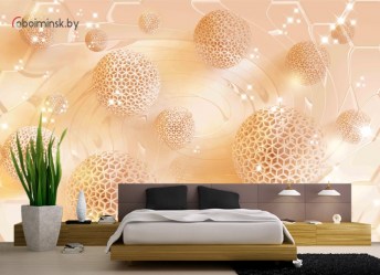 Фотообои 3Д невесомость с шарами в интерьере спальни