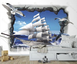 Фотообои De-Art Парусник 3Д в интерьере детской комнаты