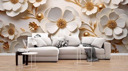 Фотообои De-Art Белые 3Д листья в интерьере 