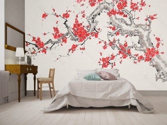 Фотообои De-Art Цветущее дерево в интерьере спальни