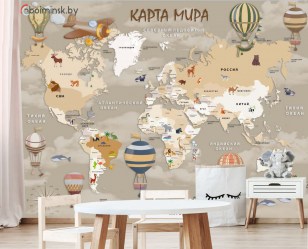 Фотообои детская карта мира в интерьере комнаты