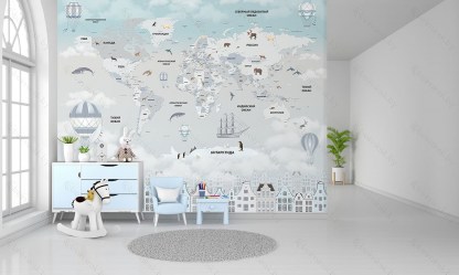 Фотообои De-Art Детская карта мира город-3 в интерьере