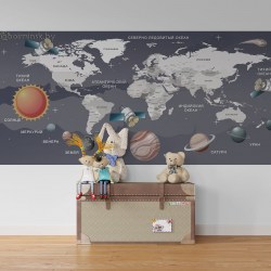 Фотообои De-Art Детская карта мира космос-2 с планетами в интерьере