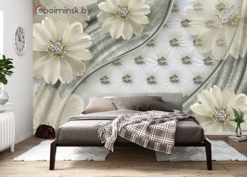 3Д фотообои драгоценные цветы серебро в интерьере спальни