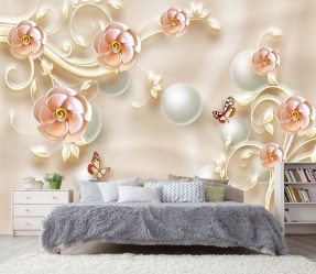3д фотообои фарфоровые розы в интерьере спальни