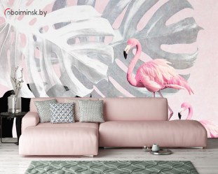 Фотообои фламинго с тропическими листьями в интерьере комнаты