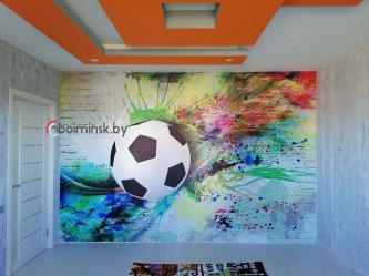 3Д фотообои мяч на кирпичной стене в интерьере детской комнаты