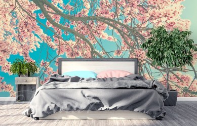 Фотообои цветущая сакура в интерьере спальни
