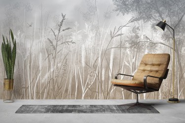 Фотообои De-Art Летний луг фреска бежево-серый цвет в интерьере комнаты