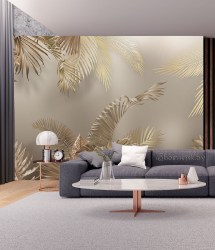 Фотообои листья пальмы фреска в интерьере комнаты гостиной