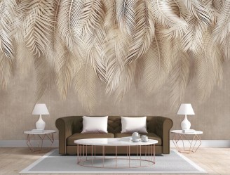 3Д фотообои листья пальмы пушистые перья в интерьере