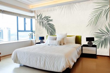 Фотообои листья пальмы фреска в интерьере спальни