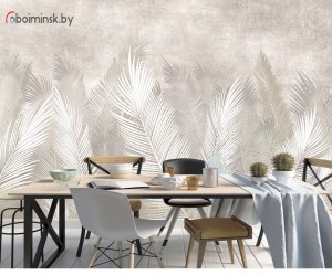 Фотообои фреска листья пальмы в интерьере кухни столовой 