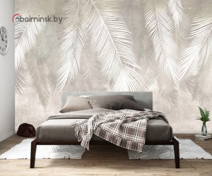 Фотообои фреска листья пальмы в интерьере спальни