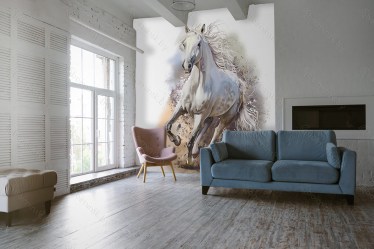 Фотообои De-Art Белая лошадь фреска в интерьере гостиной