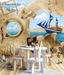3Д фотообои для детской морской тематики с картой в интерьере комнаты 