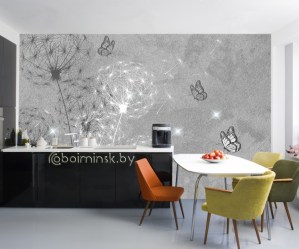 3Д фотообои одуванчики фреска в интерьере кухни