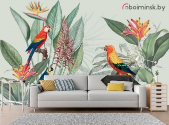 Фотообои попугаи в тропиках в интерьере спальни гостиной