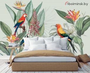 Фотообои попугаи в тропиках в интерьере спальни