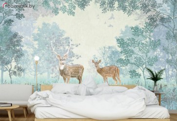 Фотообои фреска пятнистые олени в интерьере спальни