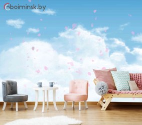Фотообои для детской облака с розовыми лепестками в интерьере