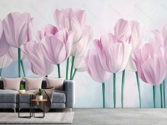 Фотообои De-Art Розовые тюльпаны в интерьере комнаты