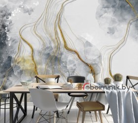 3Д фотообои серый мрамор с золотыми молниями в интерьере кухни столовой