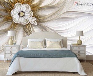 3д фотообои шёлковый цветок в интерьере спальни