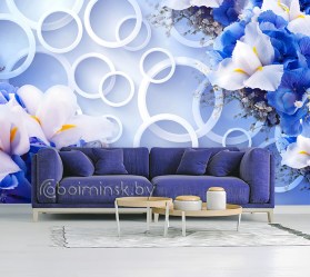 Фотообои De-Art Синие цветы 3Д в интерьере гостиной зала 