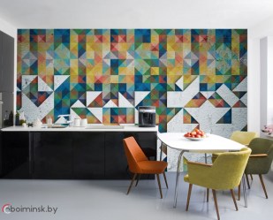 Фотообои абстракция треугольники на бетонной стене в интерьере кухни