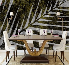 Фотообои 3Д тропические листья в интерьере столовой